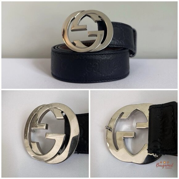 Auth Gucci Black Guccissima Leather Silver Interlocking G Buckle Belt 85/34 - Picture 2 of 13